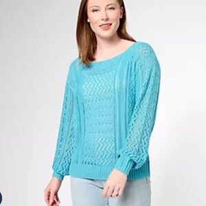 Candace Cameron Bure Pointelle Pull-Over Aqua Blue Novelty Sweater Size M